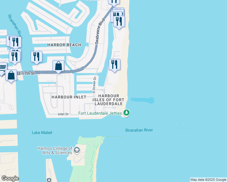map of restaurants, bars, coffee shops, grocery stores, and more near 1922 South Ocean Lane in Fort Lauderdale