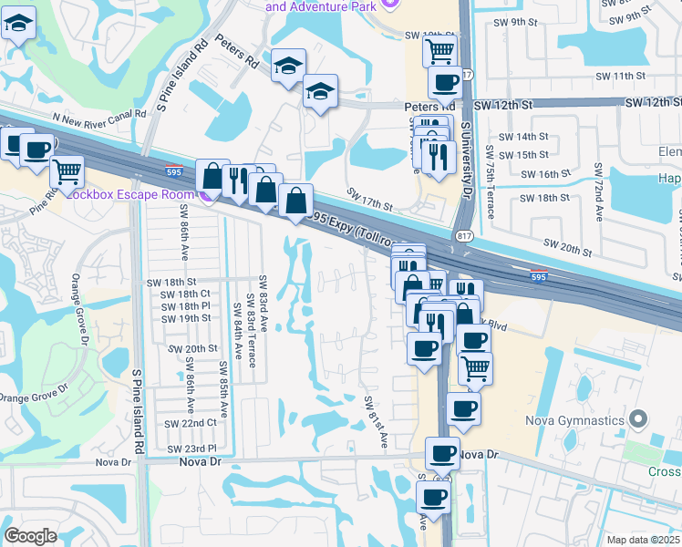 map of restaurants, bars, coffee shops, grocery stores, and more near 1794 Southwest 81st Terrace in Davie