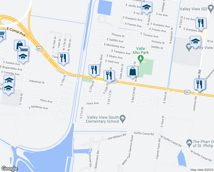 map of restaurants, bars, coffee shops, grocery stores, and more near 305 South 25th Street in Hidalgo