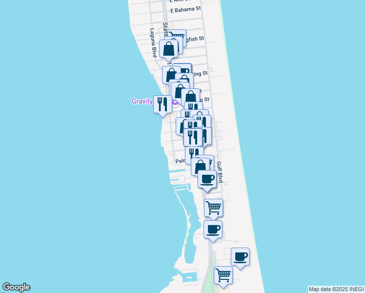 map of restaurants, bars, coffee shops, grocery stores, and more near 112 East Corral Street in South Padre Island