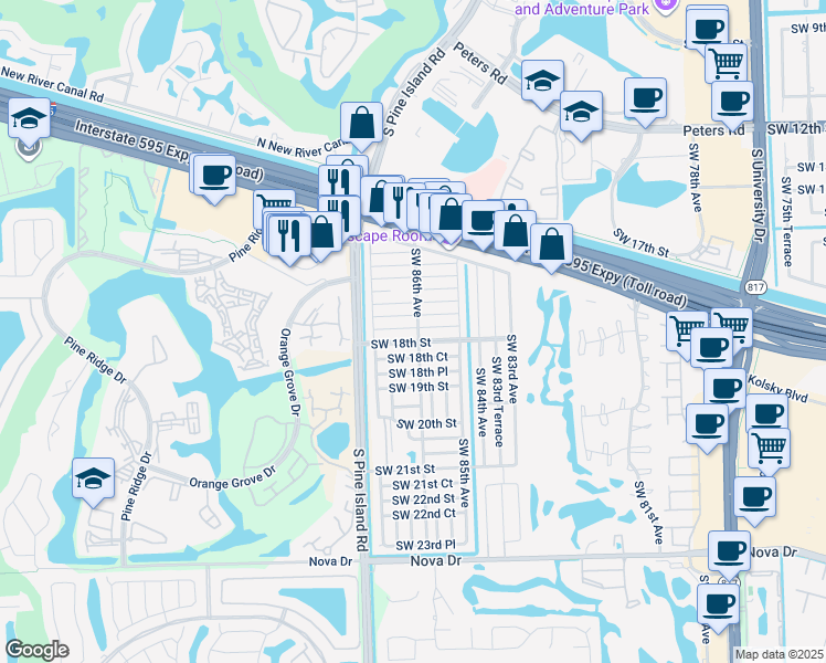 map of restaurants, bars, coffee shops, grocery stores, and more near 8600 Southwest 17th Court in Davie