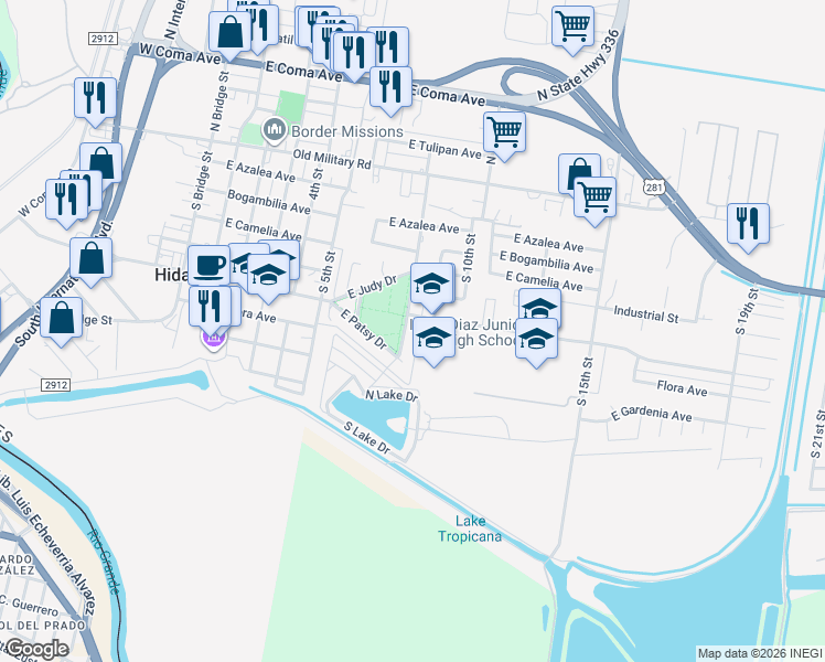 map of restaurants, bars, coffee shops, grocery stores, and more near 605 Eighth Street in Hidalgo