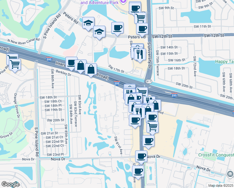 map of restaurants, bars, coffee shops, grocery stores, and more near 38 Southwest 18th Court in Davie