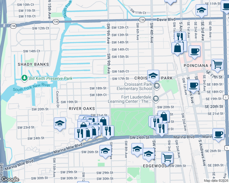 map of restaurants, bars, coffee shops, grocery stores, and more near 829 Southwest 18th Court in Fort Lauderdale