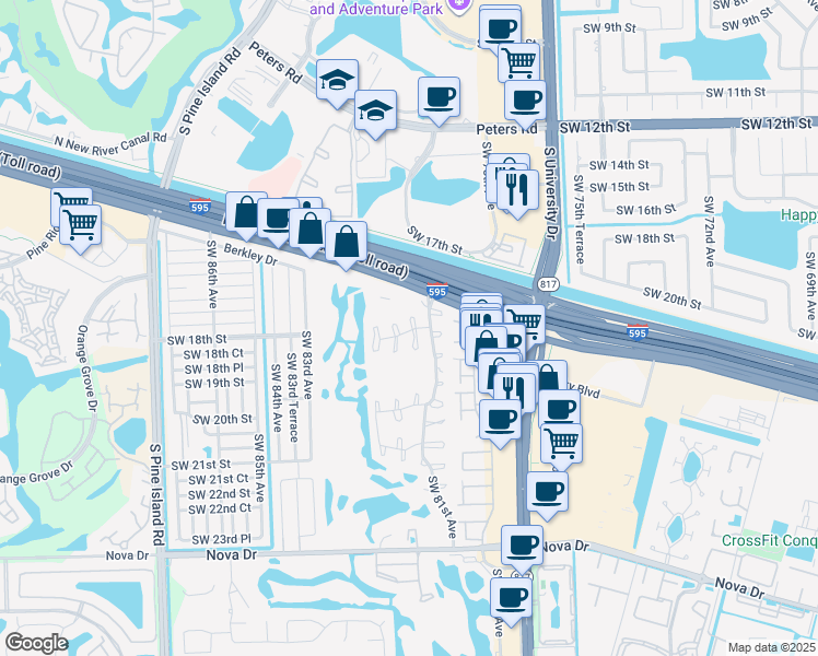 map of restaurants, bars, coffee shops, grocery stores, and more near 1794 Southwest 81st Terrace in Davie
