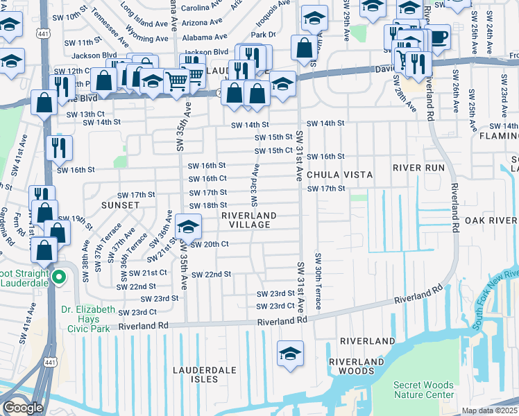 map of restaurants, bars, coffee shops, grocery stores, and more near 3240 Southwest 18th Street in Fort Lauderdale