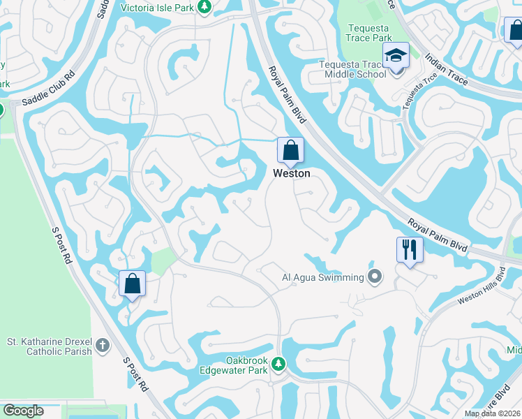 map of restaurants, bars, coffee shops, grocery stores, and more near 2531 Golf View Drive in Weston