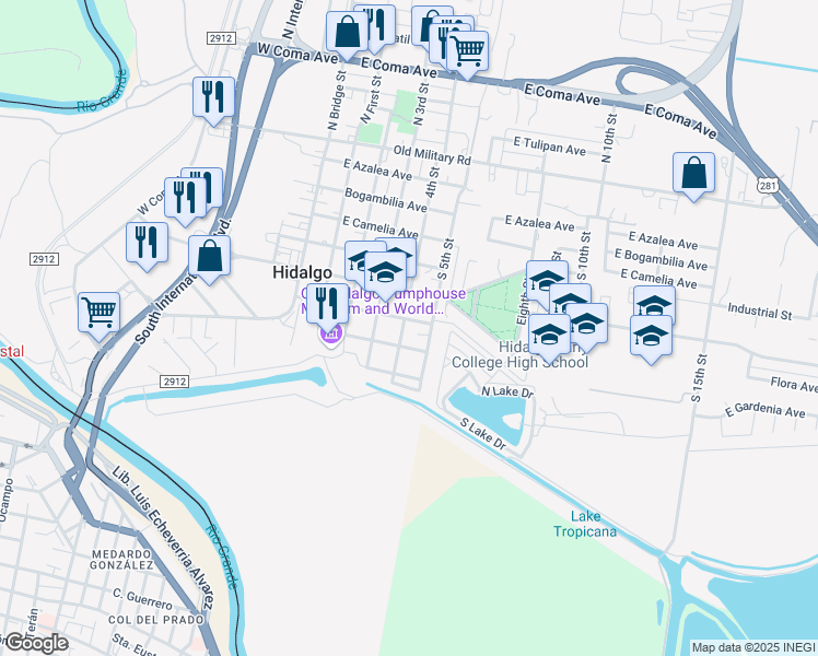 map of restaurants, bars, coffee shops, grocery stores, and more near 701 South 4th Street in Hidalgo