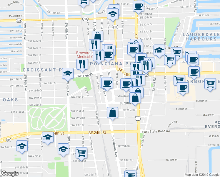 map of restaurants, bars, coffee shops, grocery stores, and more near 1824 Southeast 1st Avenue in Fort Lauderdale