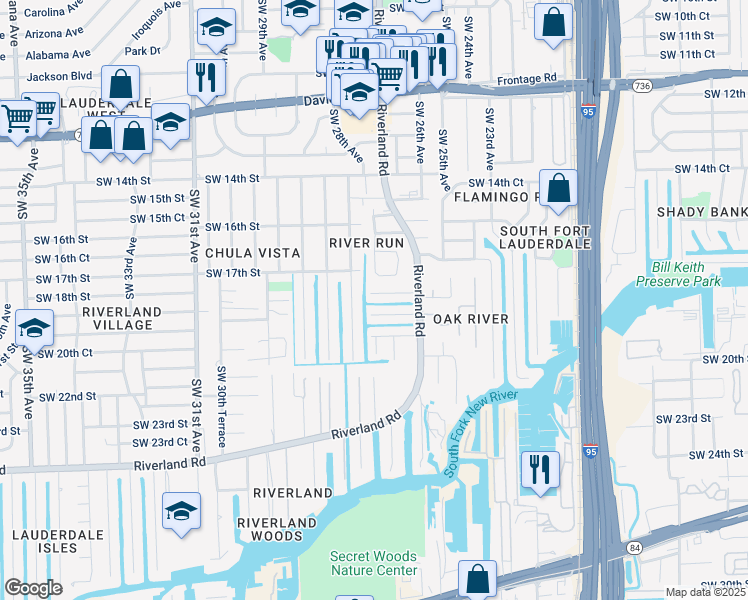 map of restaurants, bars, coffee shops, grocery stores, and more near 2710 Southwest 18th Street in Fort Lauderdale
