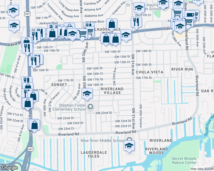 map of restaurants, bars, coffee shops, grocery stores, and more near 3350 Southwest 18th Street in Fort Lauderdale