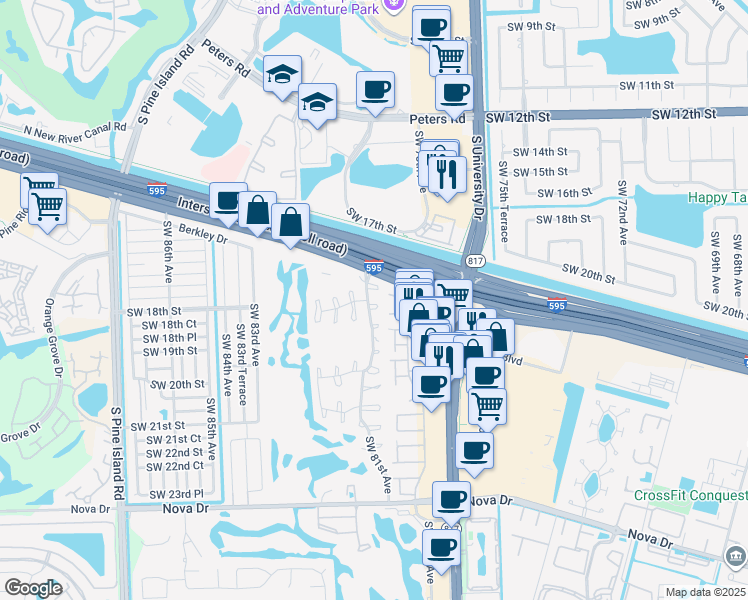 map of restaurants, bars, coffee shops, grocery stores, and more near 38 Southwest 18th Court in Davie