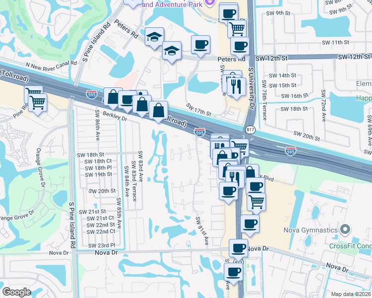 map of restaurants, bars, coffee shops, grocery stores, and more near 1794 Southwest 81st Terrace in Davie
