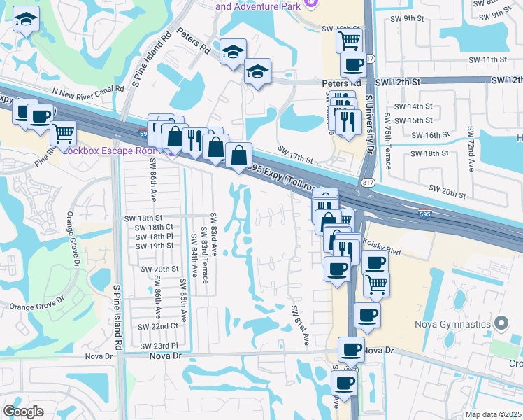 map of restaurants, bars, coffee shops, grocery stores, and more near 1775 Southwest 81st Lane in Davie