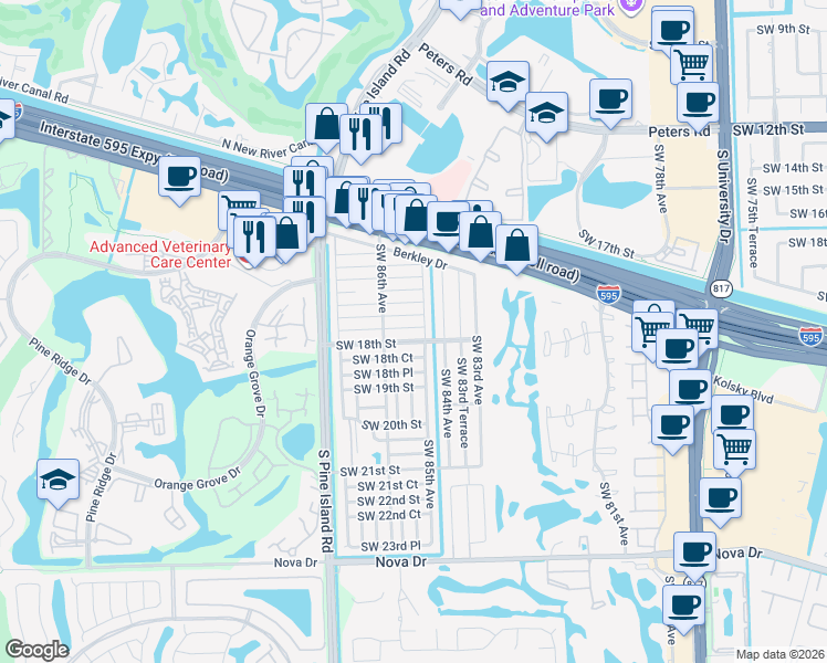 map of restaurants, bars, coffee shops, grocery stores, and more near 8508 Southwest 17th Court in Davie