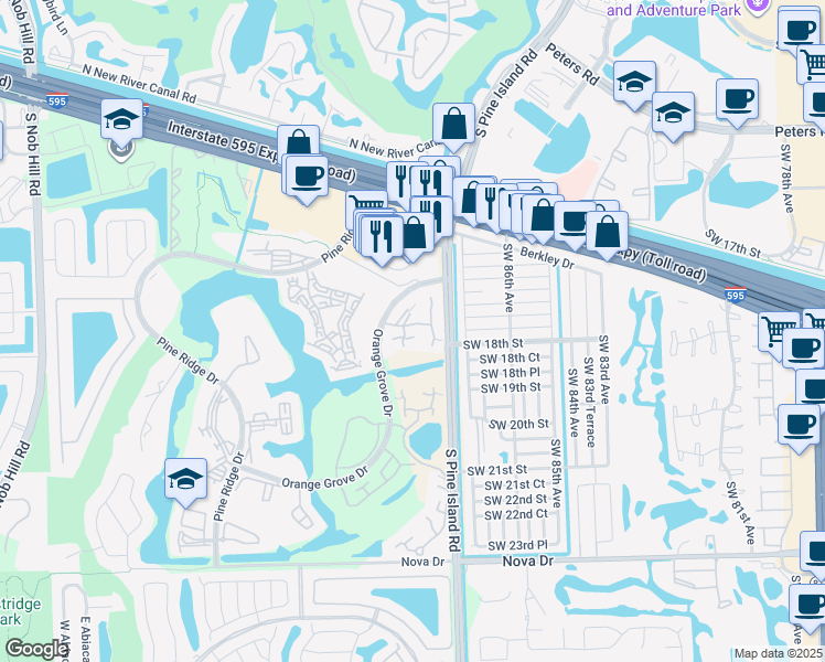 map of restaurants, bars, coffee shops, grocery stores, and more near 9107B Southwest 20th Street in Davie