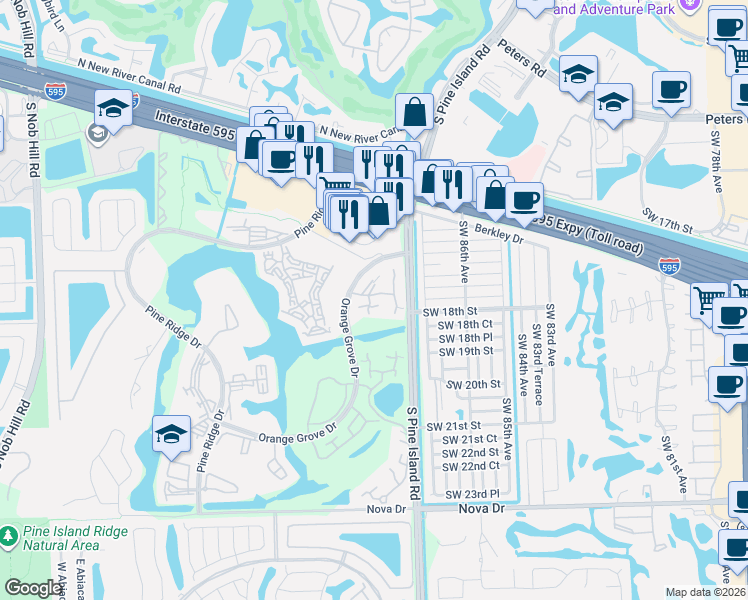 map of restaurants, bars, coffee shops, grocery stores, and more near 9103B Southwest 19th Place in Davie