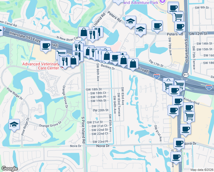 map of restaurants, bars, coffee shops, grocery stores, and more near 8508 Southwest 17th Court in Davie
