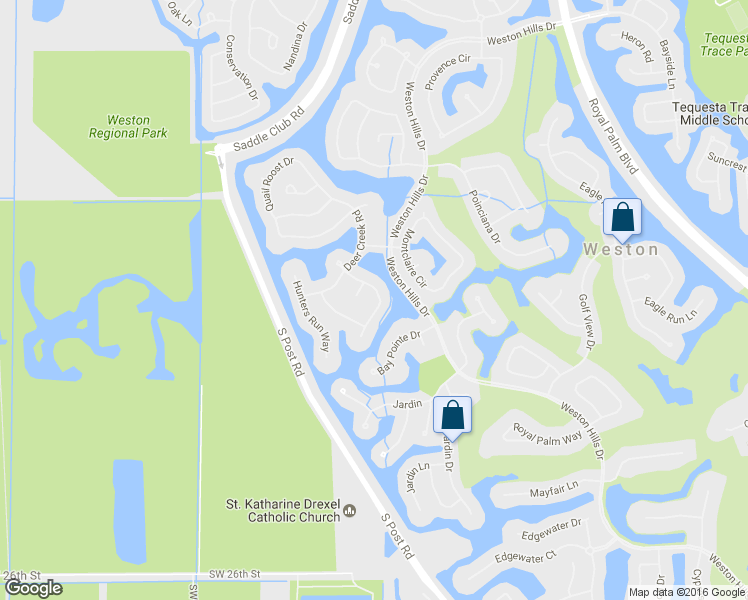 map of restaurants, bars, coffee shops, grocery stores, and more near 2419 Deer Creek Road in Weston