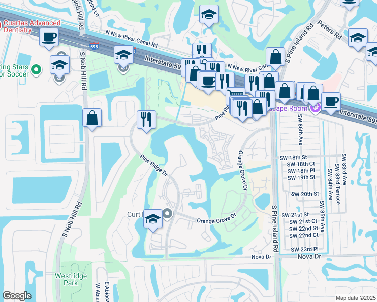 map of restaurants, bars, coffee shops, grocery stores, and more near 9430 Poinciana Place in Davie