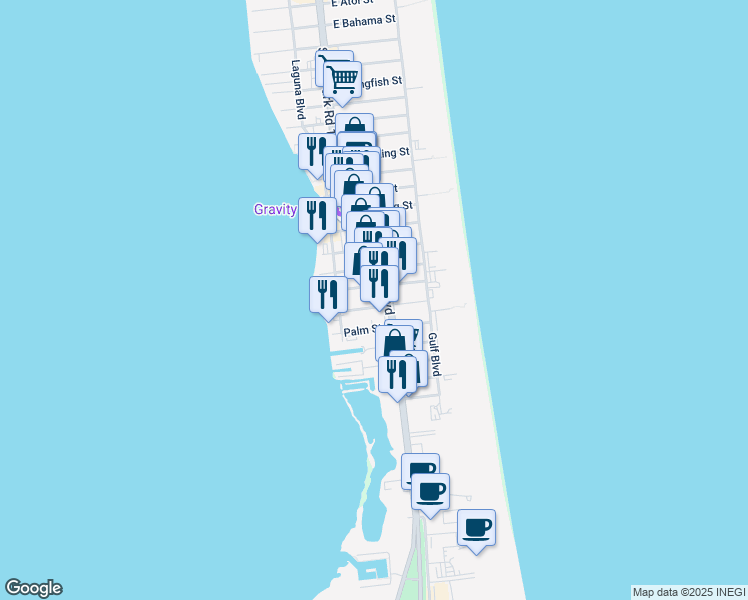map of restaurants, bars, coffee shops, grocery stores, and more near 112 East Corral Street in South Padre Island