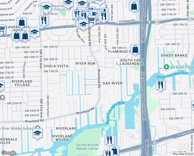 map of restaurants, bars, coffee shops, grocery stores, and more near 2610 Southwest 18th Street in Fort Lauderdale