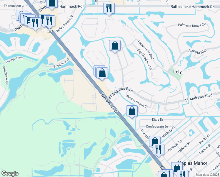 map of restaurants, bars, coffee shops, grocery stores, and more near 85 Saint Andrews Boulevard in Naples