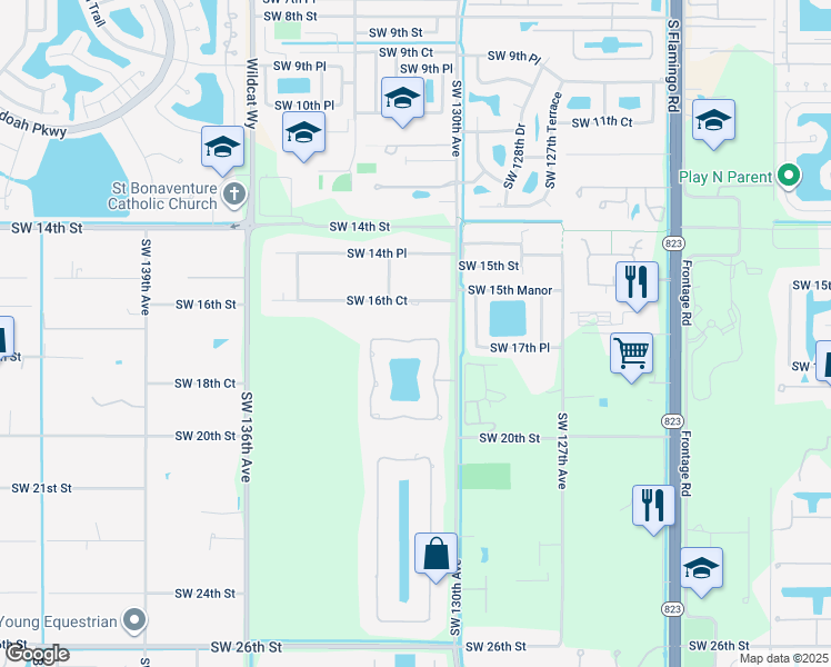 map of restaurants, bars, coffee shops, grocery stores, and more near 13133 Southwest 16 Street in Davie