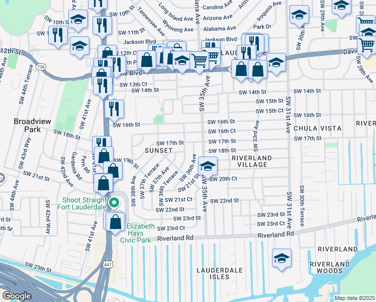 map of restaurants, bars, coffee shops, grocery stores, and more near 1760 Southwest 36th Terrace in Fort Lauderdale