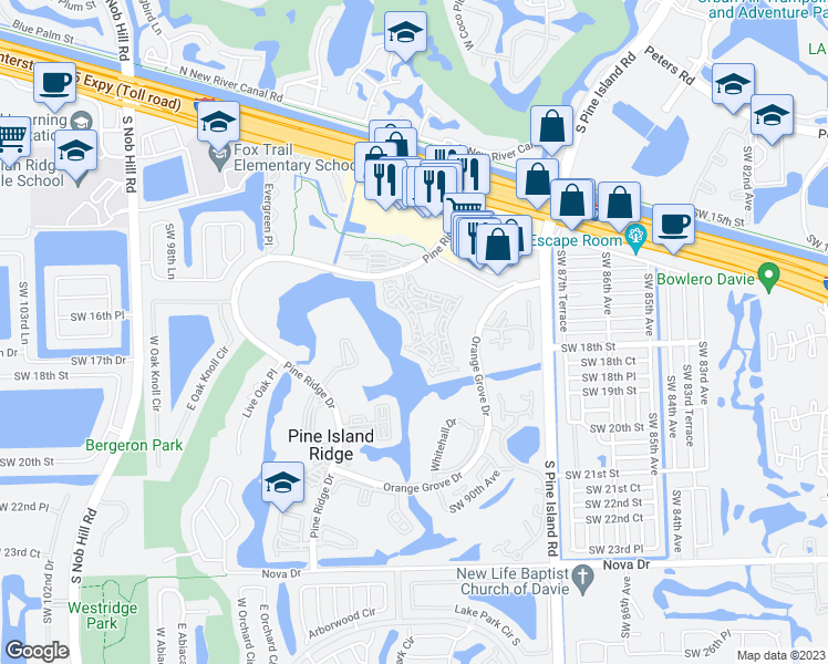 map of restaurants, bars, coffee shops, grocery stores, and more near 1526 Whitehall Drive in Davie