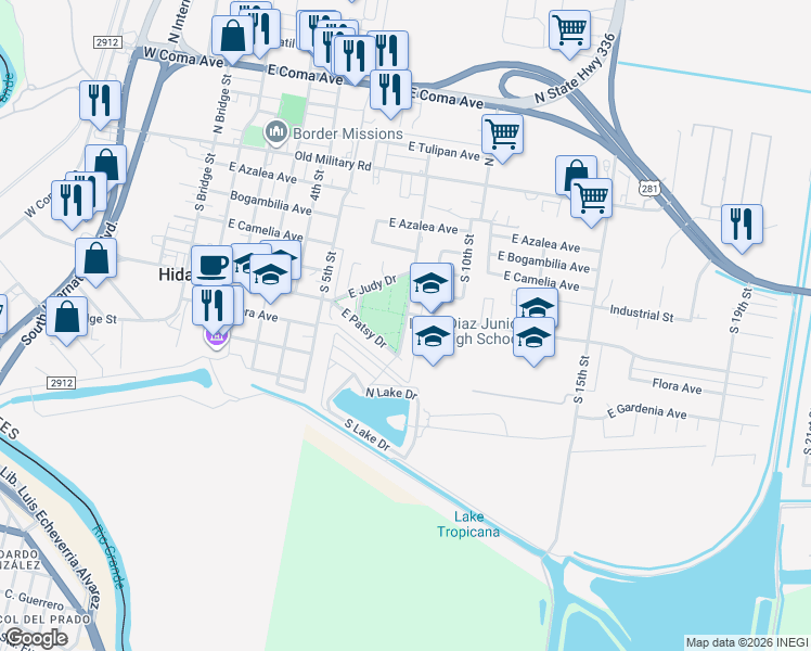 map of restaurants, bars, coffee shops, grocery stores, and more near 605 Eighth Street in Hidalgo