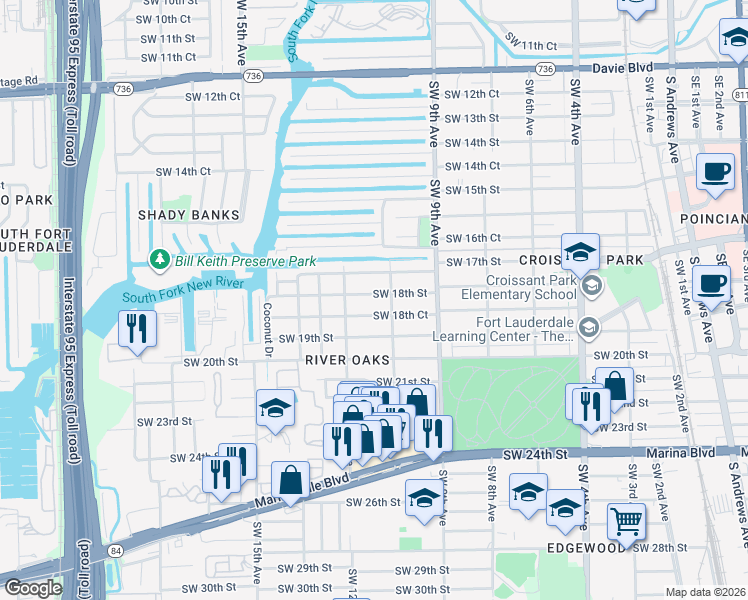map of restaurants, bars, coffee shops, grocery stores, and more near 1010 Southwest 18th Street in Fort Lauderdale