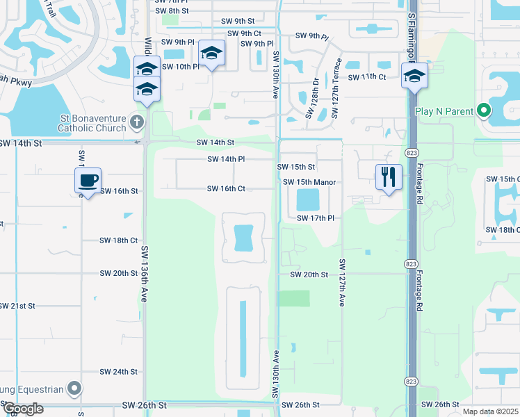 map of restaurants, bars, coffee shops, grocery stores, and more near 13133 Southwest 16 Street in Davie