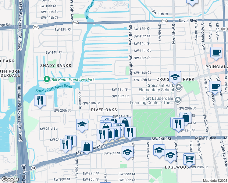 map of restaurants, bars, coffee shops, grocery stores, and more near 1010 Southwest 18th Street in Fort Lauderdale