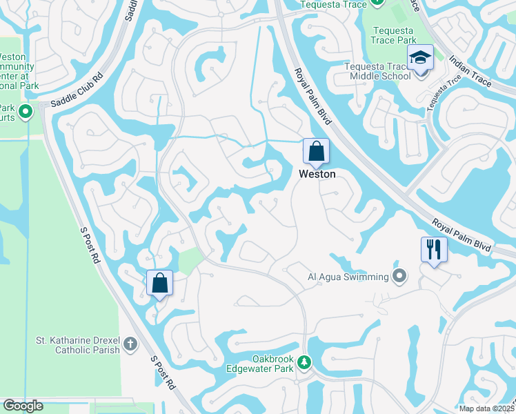 map of restaurants, bars, coffee shops, grocery stores, and more near 2485 Eagle Watch Court in Weston