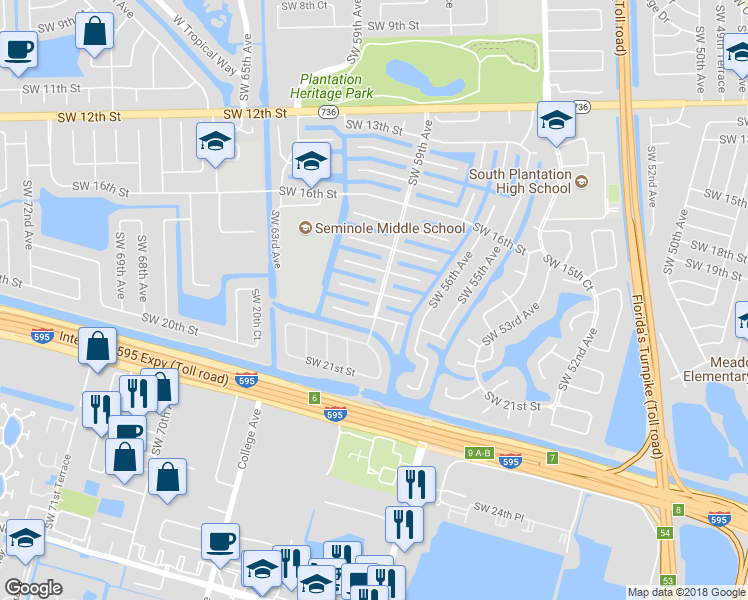 map of restaurants, bars, coffee shops, grocery stores, and more near 5900 Southwest 18th Street in Plantation