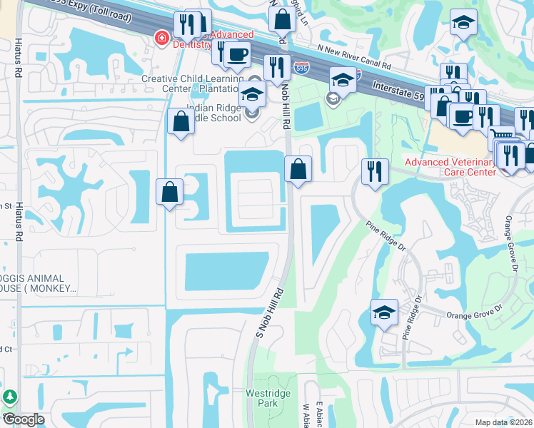 map of restaurants, bars, coffee shops, grocery stores, and more near 10081 Southwest 17th Court in Davie