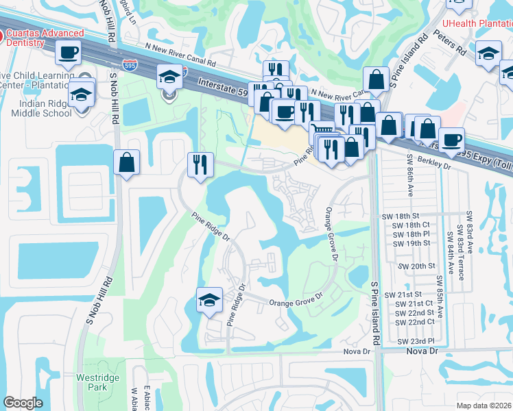 map of restaurants, bars, coffee shops, grocery stores, and more near 9430 Poinciana Place in Davie