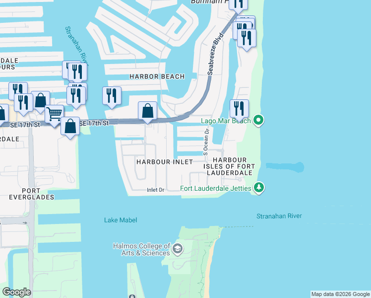 map of restaurants, bars, coffee shops, grocery stores, and more near 2612 Grace Drive in Fort Lauderdale
