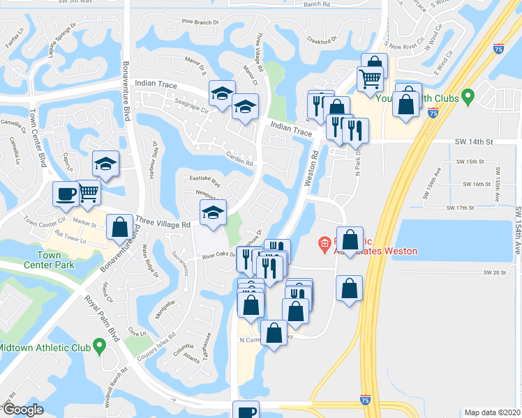 map of restaurants, bars, coffee shops, grocery stores, and more near 1717 Breakers Way in Weston