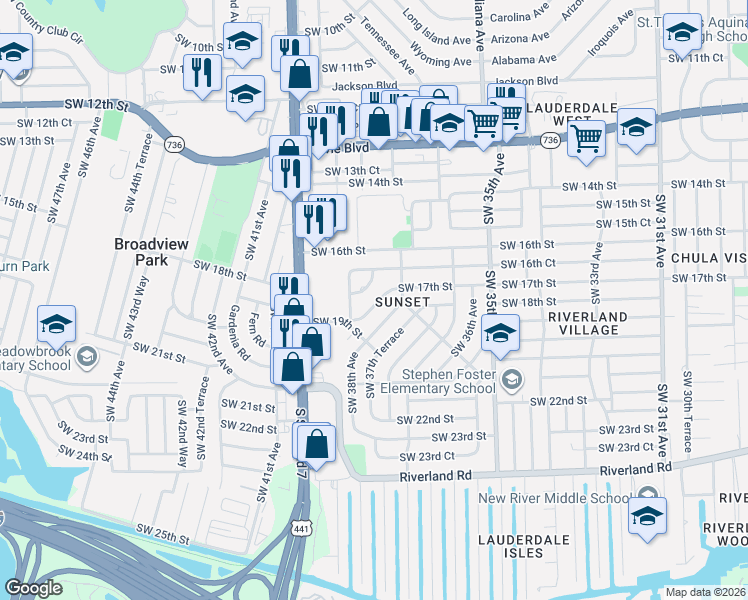 map of restaurants, bars, coffee shops, grocery stores, and more near 3768 Southwest 17th Street in Fort Lauderdale