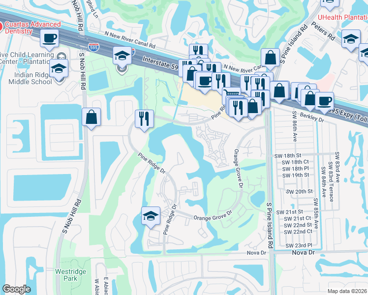 map of restaurants, bars, coffee shops, grocery stores, and more near 9430 Poinciana Place in Davie