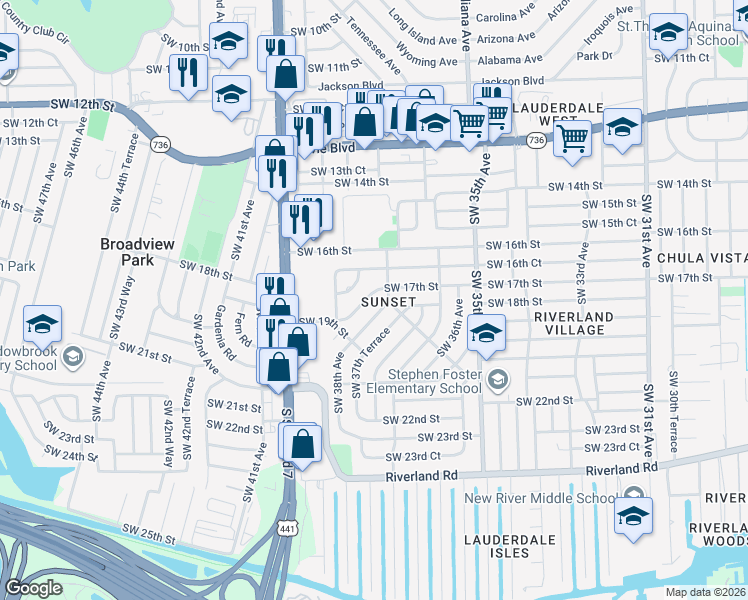 map of restaurants, bars, coffee shops, grocery stores, and more near 3768 Southwest 17th Street in Fort Lauderdale
