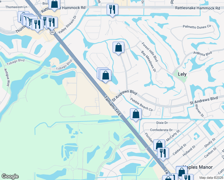 map of restaurants, bars, coffee shops, grocery stores, and more near 85 Saint Andrews Boulevard in Naples