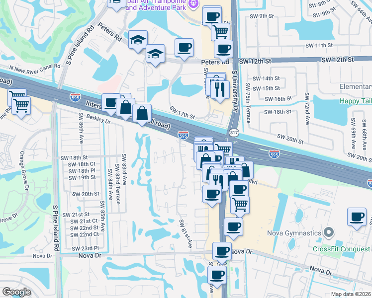 map of restaurants, bars, coffee shops, grocery stores, and more near 38 Southwest 18th Court in Davie