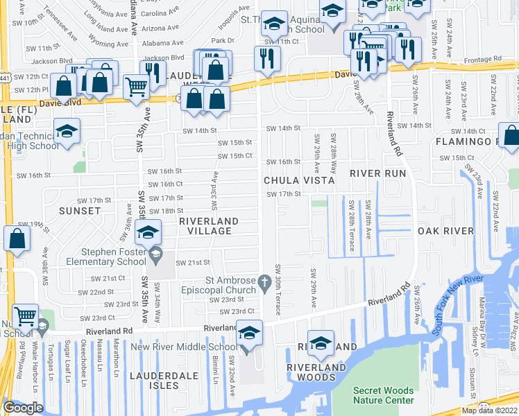 map of restaurants, bars, coffee shops, grocery stores, and more near 1801 Southwest 31st Avenue in Fort Lauderdale