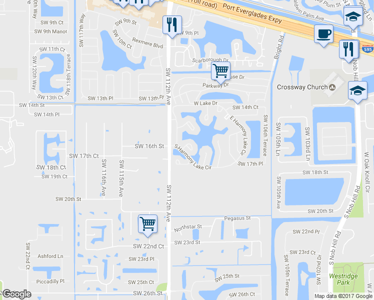 map of restaurants, bars, coffee shops, grocery stores, and more near 11070 Southwest 16th Manor in Davie