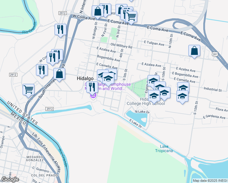 map of restaurants, bars, coffee shops, grocery stores, and more near 701 South 4th Street in Hidalgo