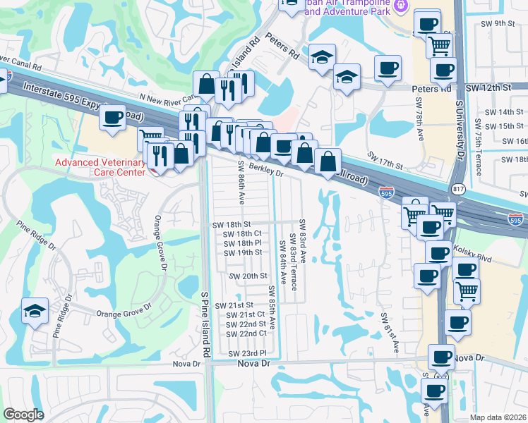 map of restaurants, bars, coffee shops, grocery stores, and more near 8508 Southwest 17th Court in Davie