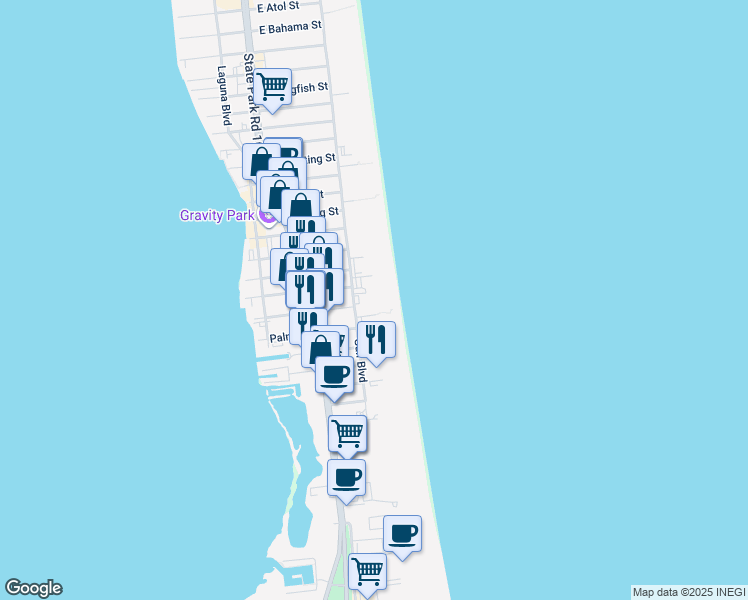map of restaurants, bars, coffee shops, grocery stores, and more near 1816 Gulf Boulevard in South Padre Island